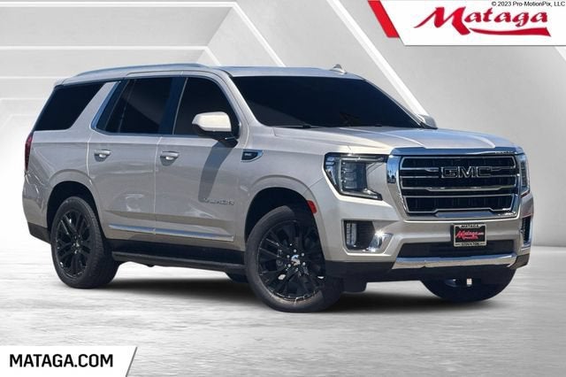 2023 GMC Yukon SLT in Pearl Beige Metallic — front three-quarter view